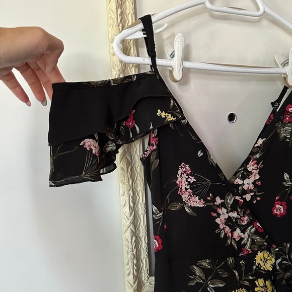 BAND OF GYPSIES | Black Floral Midi Off the Shoulder Faux Wrap Dress - Picture 6 of 14